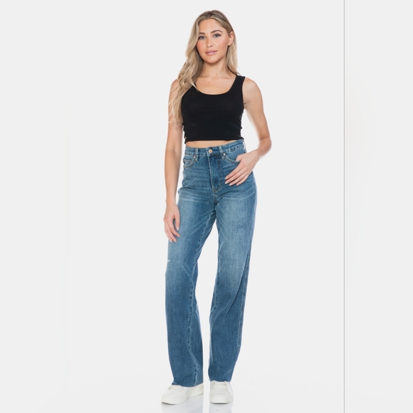 Judy Blue Tummy Control High-Rise Boyfriend Jeans Straight Leg Raw Denim Pants - Picture 11 of 16